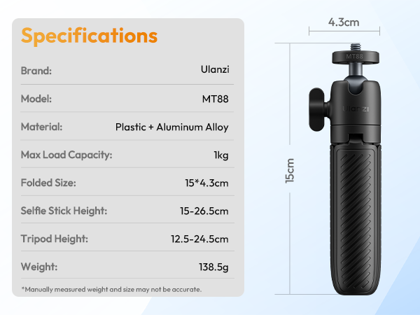 ULANZI MT88 ClipMate Camera Tripod, Selfie Stick w Velcro Strap &amp; Action Camera Adapter