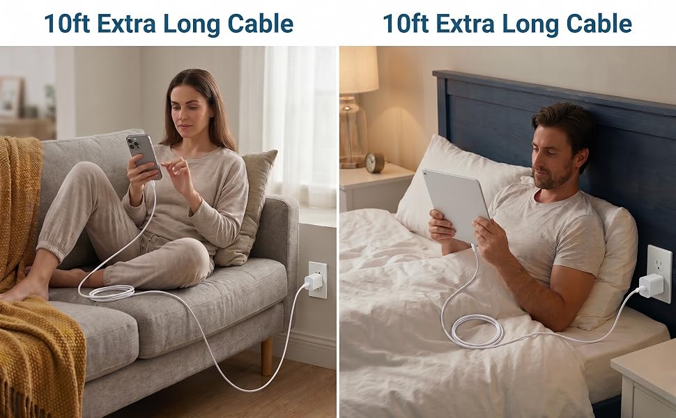 10ft Extra Long USB C Cable for Bed and Couch, 2 Pack 10 Foot Type C Charger Cord for iPhone iPad