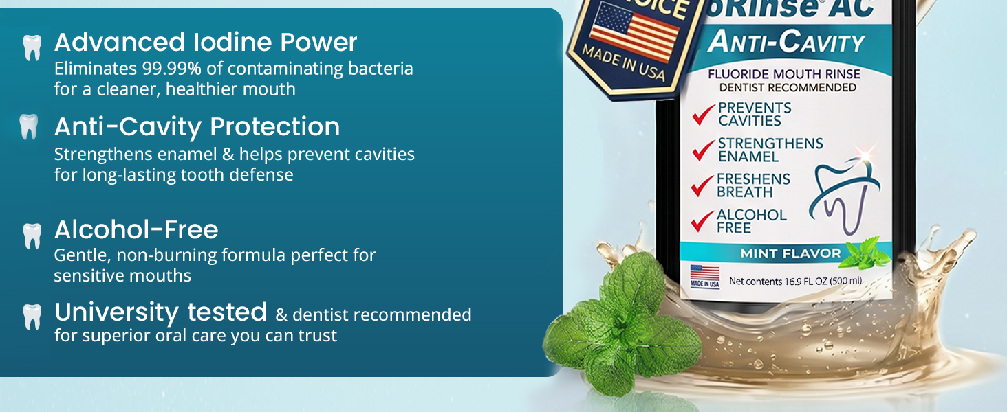 Alcohol-free fluoride rinse with xylitol and molecular iodine for daily oral wellness