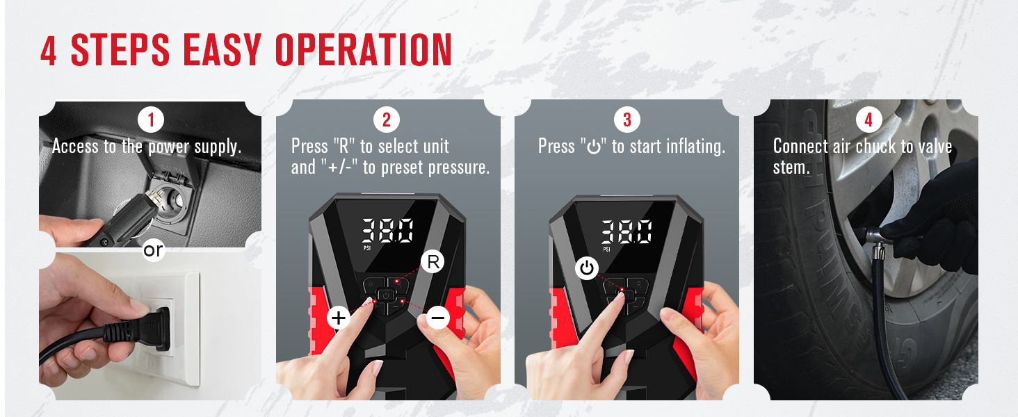 AC/DC portable tire inflator operation