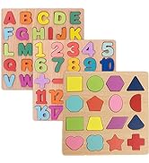 Wooden Puzzles for Toddlers, 3pack Alphabet Shape Puzzles for Kids 3 Wooden Montessori Toddler Al...