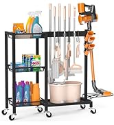 Broom Holder with Cleaning Supplies Organizer Load 350 LBS Cleaning Cart with Wheels Broom Closet...