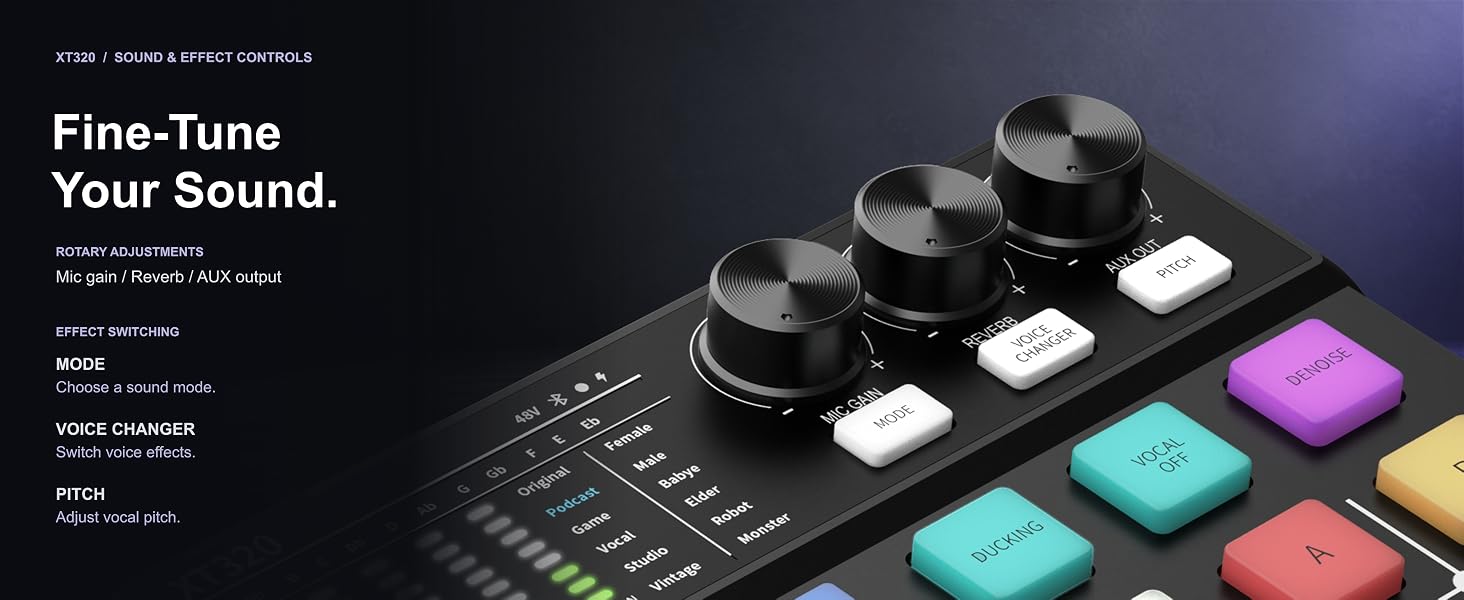 XT320 gain, reverb and AUX knobs with mode, voice changer and pitch controls.