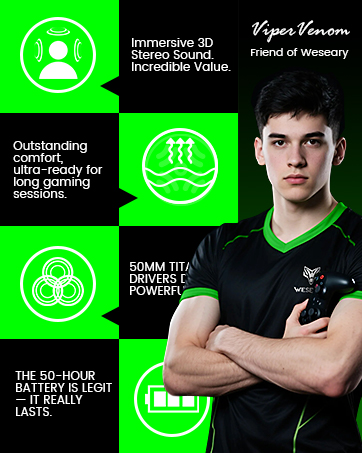 Gaming headset advertisement featuring icons for 3D sound, comfort, powerful drivers, and long battery life. Image shows product features and a person wearing a black and green shirt.