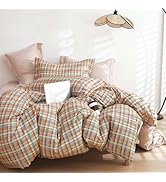 LEMIROE Candy Tartan 100% Cotton Duvet Cover Queen Size 3PC - Cheerful Plaid in Red, Mustard Yell...
