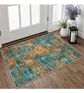 Lansny Abstract Area Rug 2x3 Green Orange, Washable Entryway Rug Printed Faux Wool Floral Indoor ...