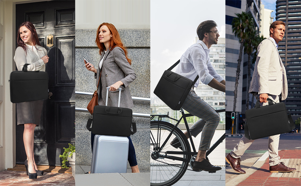 Four-panel image showcasing various luggage and bags. Includes rolling suitcases, laptop bags, and a bicycle with attached bag for commuting.