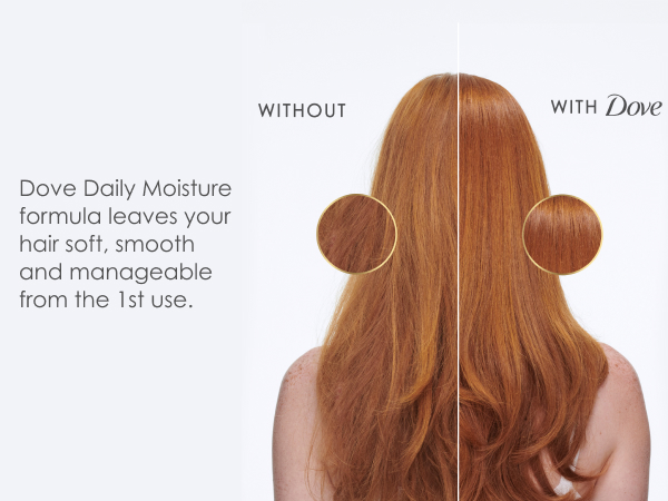 Comparison between hair without and with Dove, next to text about Daily Moisture formula benefits.