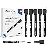 maxtek Magnetic Black Dry Erase Markers, 6 Count Fine Tip Whiteboard Markers with Eraser, Thin Ma...
