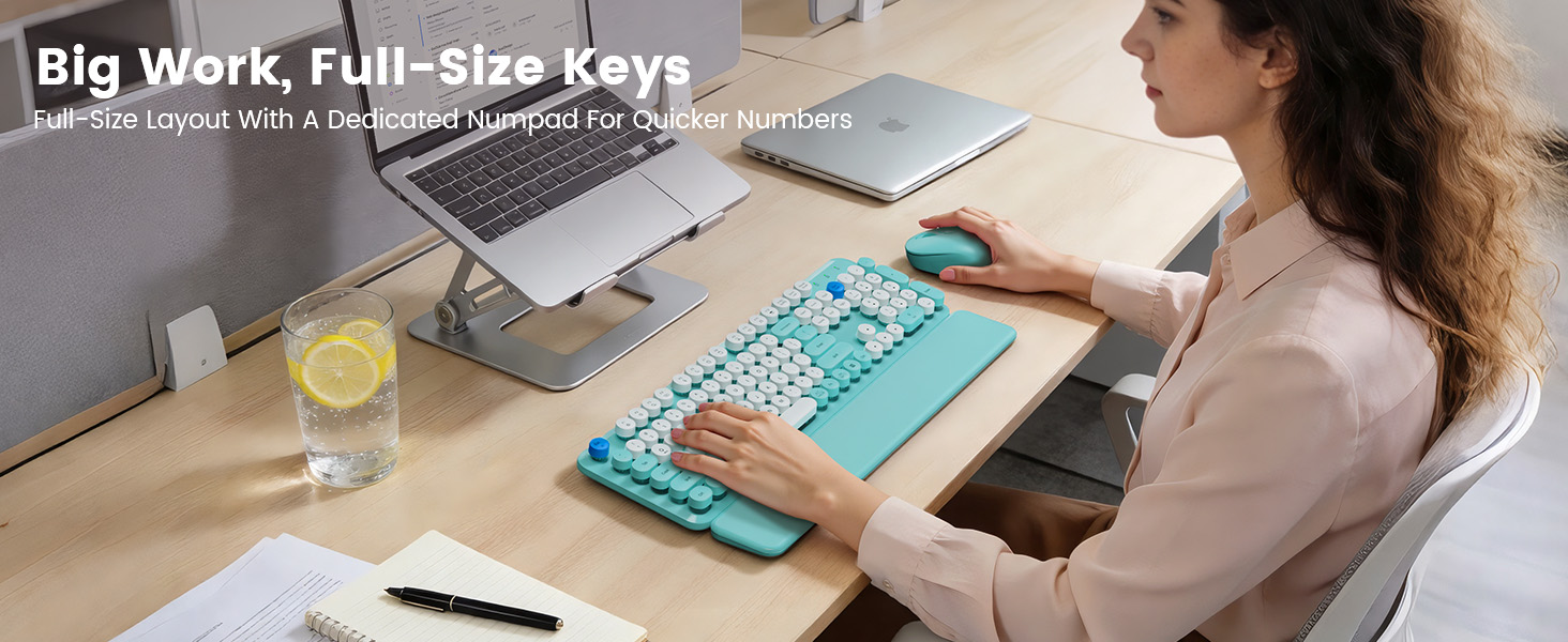 tiffany blue wireless keyboard mouse combo on desk with laptop stand wrist rest for daily work