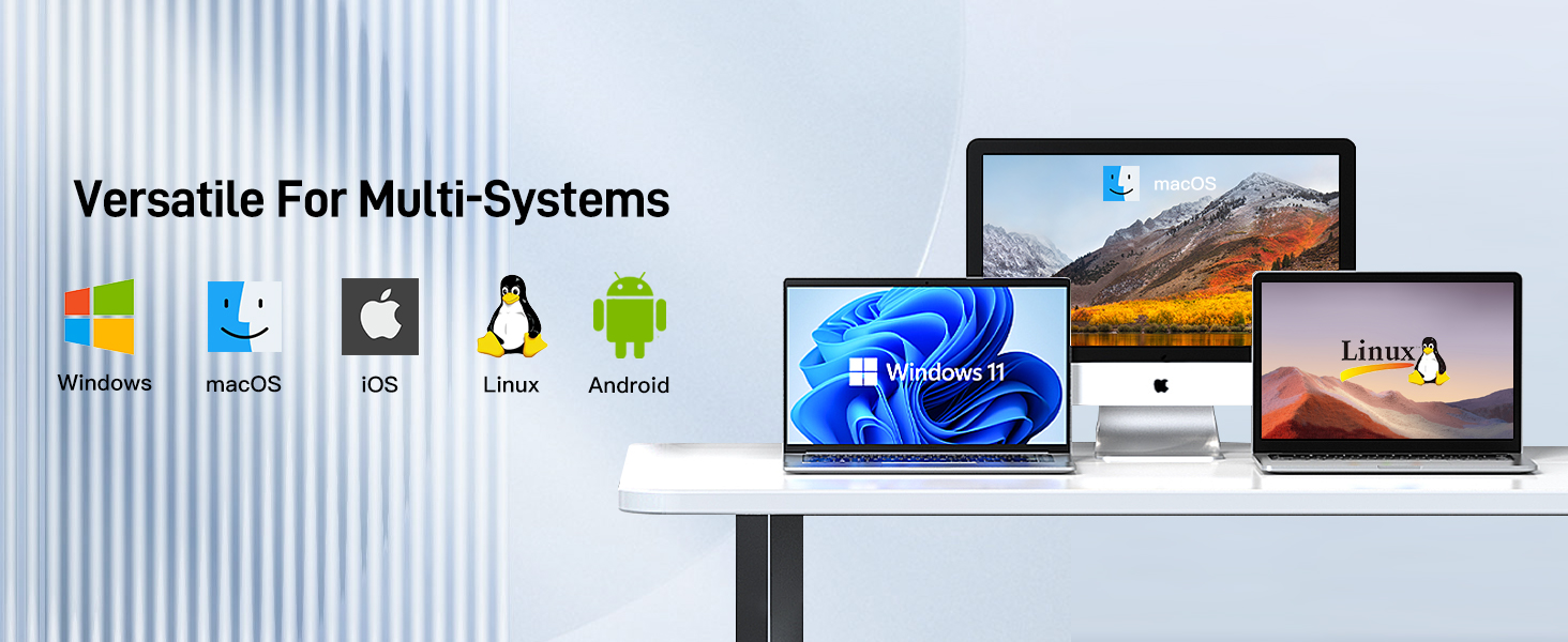Display showing compatibility of a product with multiple operating systems, including Windows, Mac, Linux, and Android. Illustrated with device icons and logos.