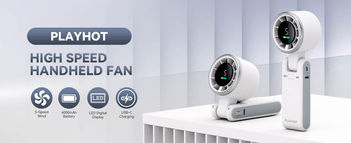 White handheld fan rechargeable LED digital display 4000mAh personal fan mini fan USB C charging