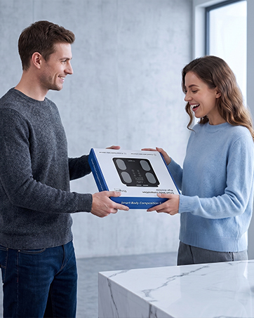 A man gives a body fat scale as a gift to a woman.