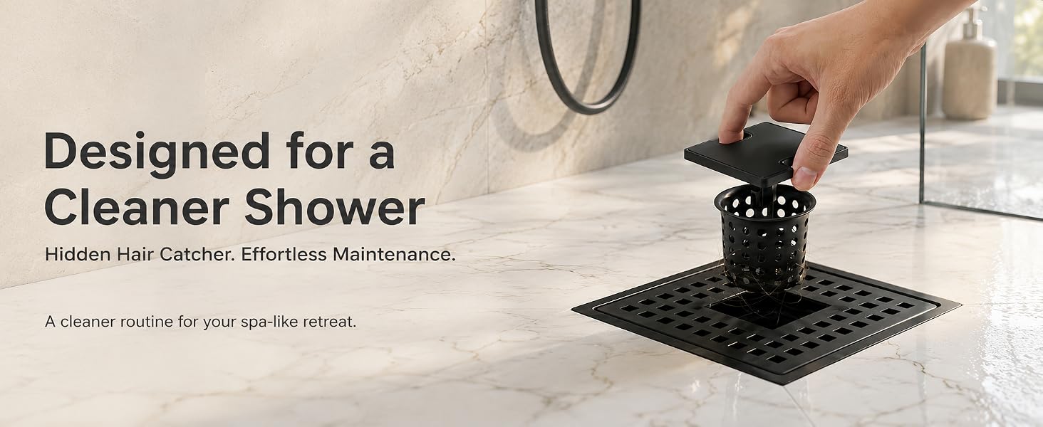 Hand lifting hidden hair catcher from matte black square shower drain in marble tile shower