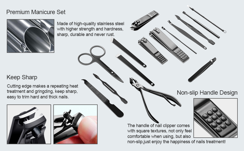 FIXBODY Manicure Set Nail Clippers Pedicure Kit -15 Pieces Black Stainless Steel Manicure Kit