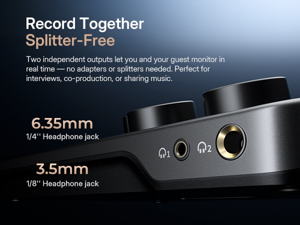 Maono P2 audio interface dual independent headphone outputs 6.35mm and 3.5mm jack