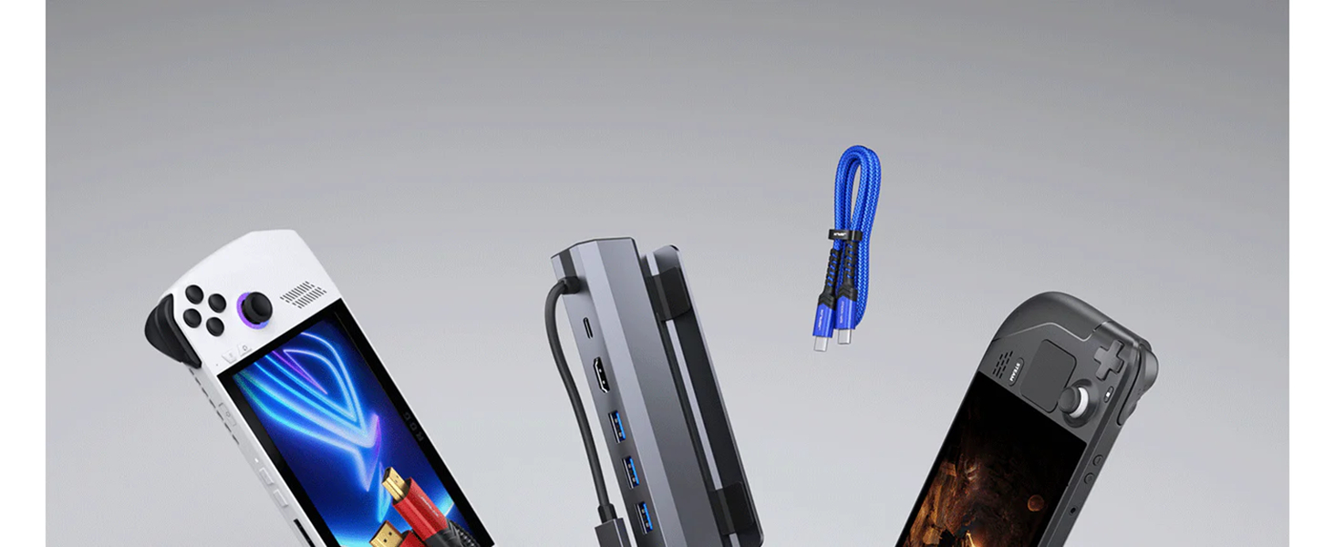 Electronic devices including a smartphone with blue light, a gaming console, and a handheld device, displayed on a gray background.