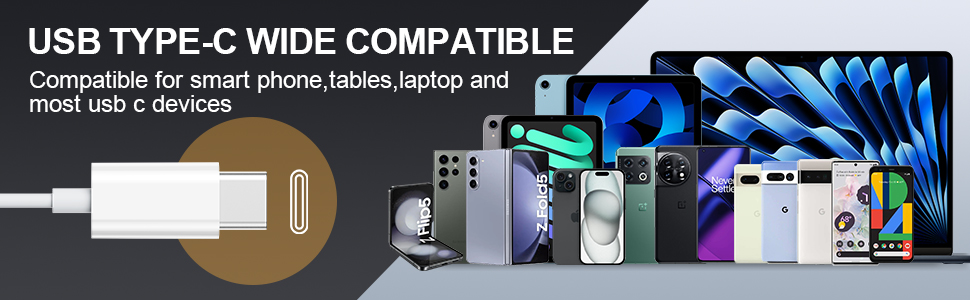 Text reads 'USB TYPE-C WIDE COMPATIBLE'. Multiple product images showing charging cables with USB-C connectors and various electronic devices in blue-tinted interface display.
