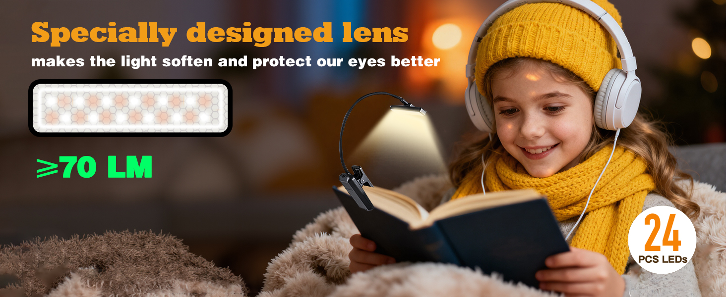 VAVOFO 24pcs LEDs rechargeable rotatable reading book light with specially designed lens-black