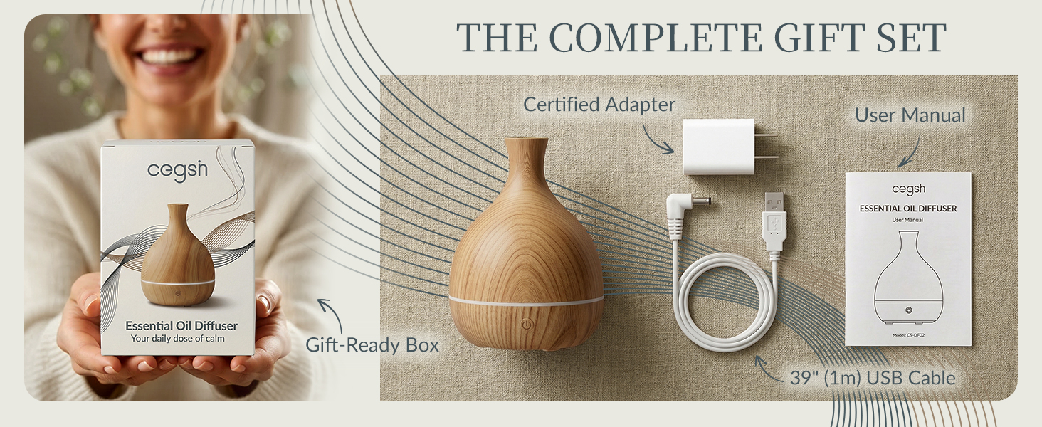 Complete gift set of wood grain aroma diffuser including 5V wall adapter and 39 inch power cable.