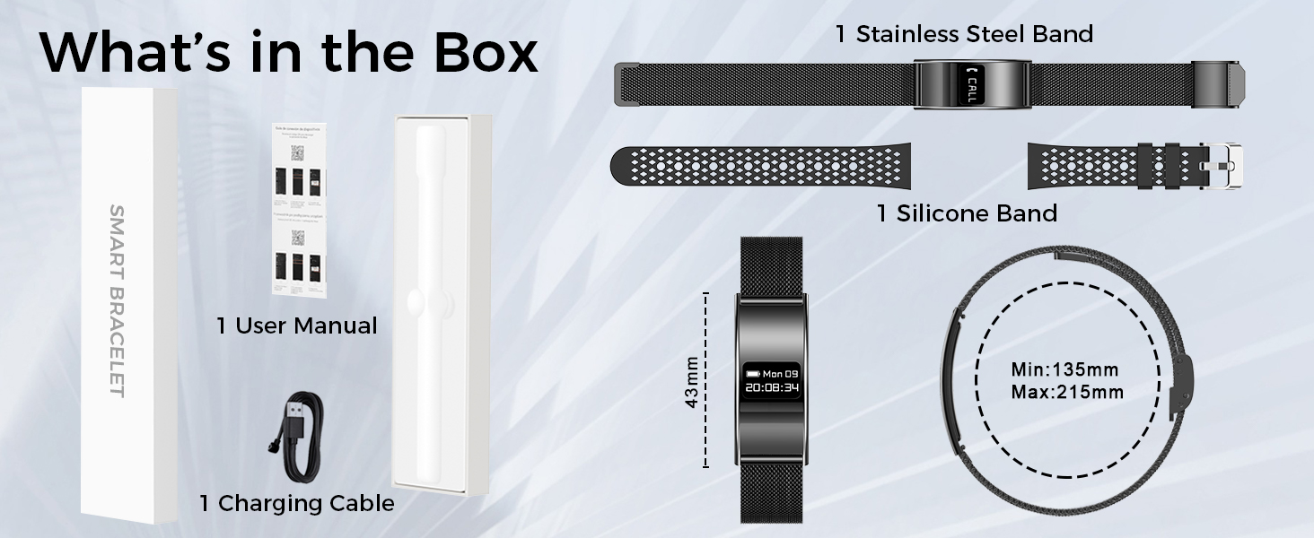 1 Smart Bracelet ,1 Charging Cable, 1 User Manual,1 Silicone strap,1 Stainless Steel Band