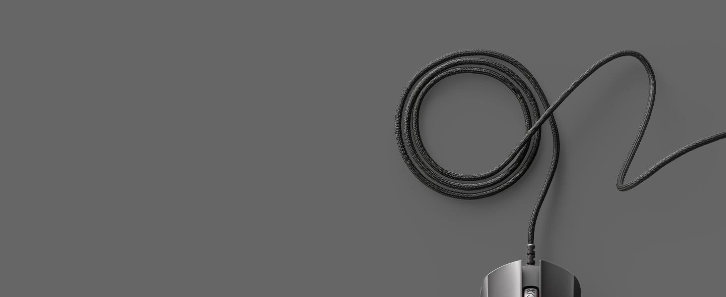 -SteelSeries Rival 5 mesh cable mouse coiled on plain background