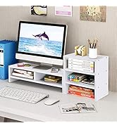 Computer Laptop Monitor Riser Stand Desktop Wooden Storage Organizer with 3-Layer Storage Shelf L...