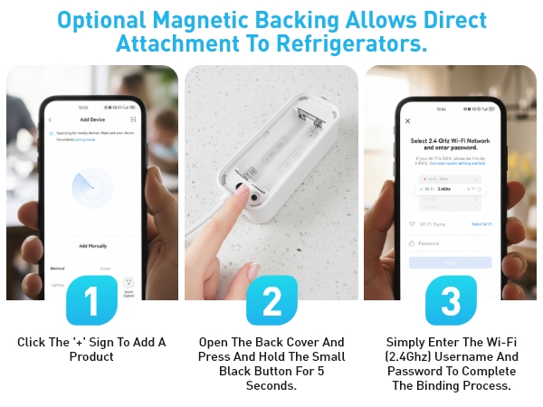 Text reads 'Optional Magnetic Backing Allows Direct Attachment To Refrigerators.' Tutorial showing numbered steps 1-3 for device setup with small product images.