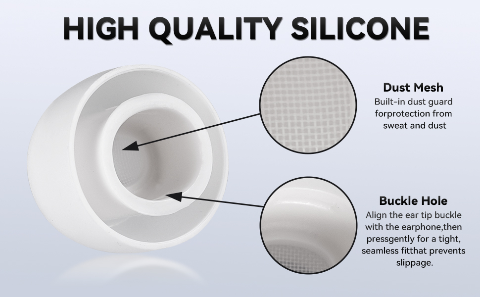 Text reads 'HIGH QUALITY SILICONE' with technical diagrams showing dual mesh and buckle hole design specifications.