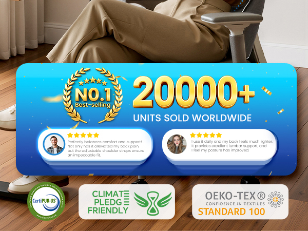 Text reads '20000+ UNITS SOLD WORLDWIDE', 'NO.1'. Certification badges showing OEKO-TEX standard 100, Climate Friendly, and sales achievement indicators on blue banner.