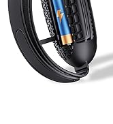 Close-up of a black bicycle tire and part of the frame, with a blue object visible inside the tire.