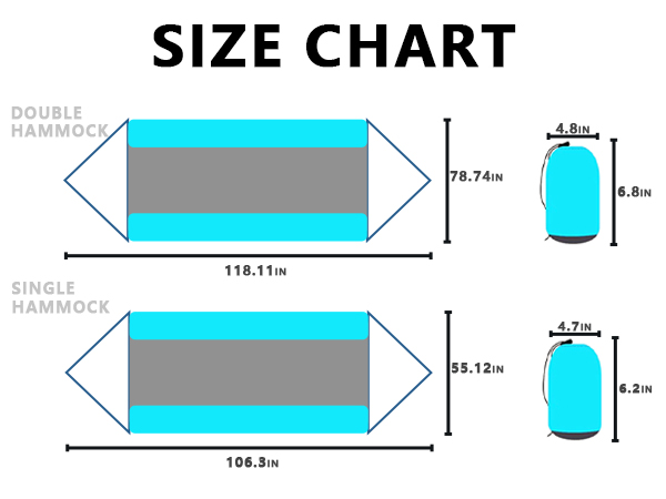 Text reads 'SIZE CHART'. Technical diagram showing dimensions for single and double hammocks with measurements in blue and white.