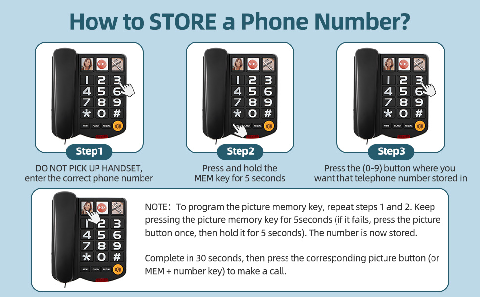 Big Button Phone for wall or desk with Speaker and Memory