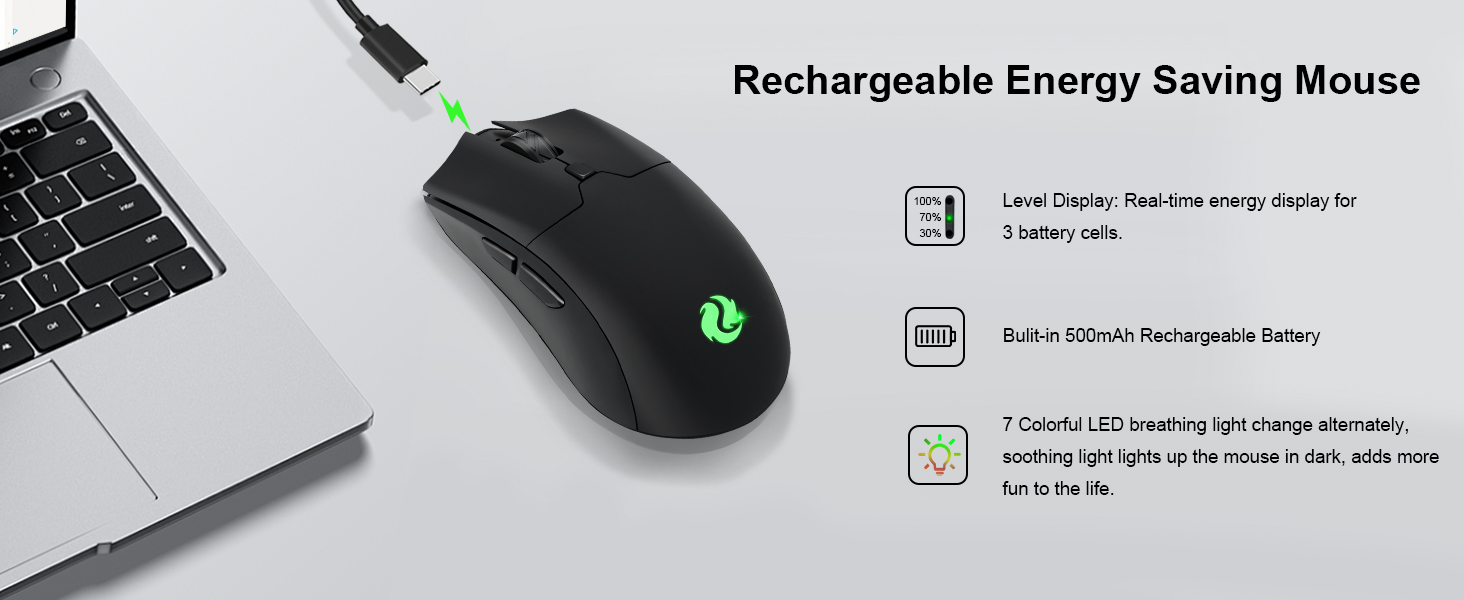 Rechargeable mouse: Equipped with a 500mAh high-capacity battery and a Type-C charging port