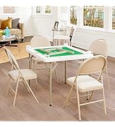 GYMAX Mahjong Table, Folding Square 4 Player Card Table with Cup Holders &amp; Chip Trays, Portable B...