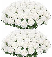 Ouddy Decor 50 Pcs Artificial White Roses Bulk Realistic Fake Silk Flowers with Long Stems for We...