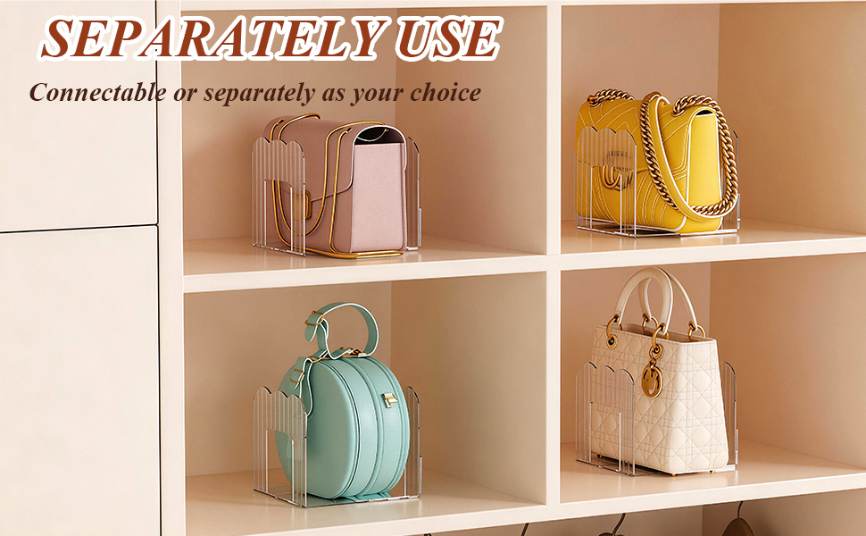 Text reads 'SEPARATELY IN USE'. Series of storage shelves showing organized compartments with pastel-colored storage bags or containers.