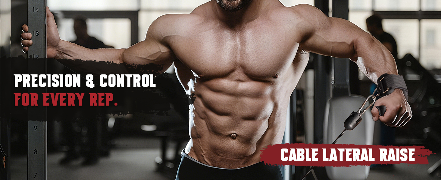 An athlete performs a cable lateral raise using the wrist cuffs gym attachments.