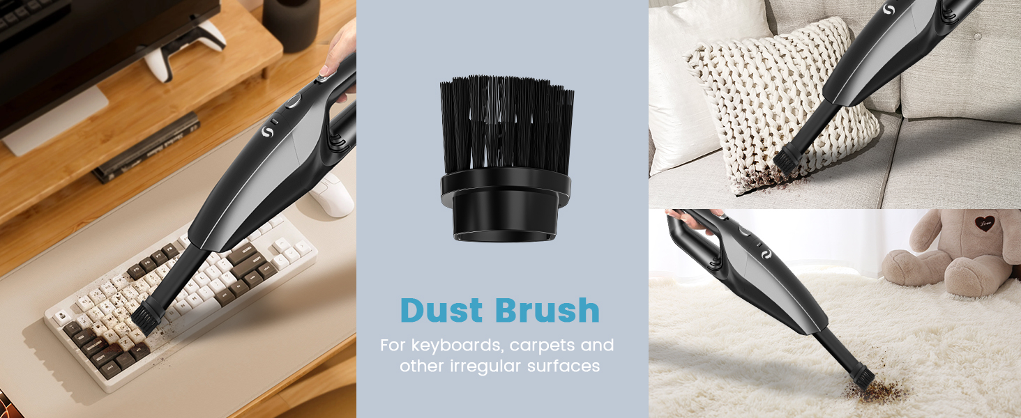 Vacuum cleaner attachment with black bristles for cleaning dust on keyboards, carpets, and irregular surfaces. Shown in use on textured fabric and near a keyboard.