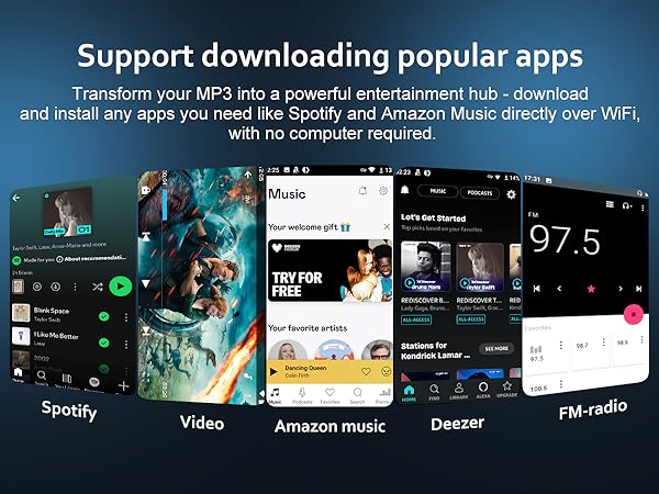 Text reads 'Support downloading popular apps'. Interface showing streaming app icons including Spotify, Vube, music, Deezer, and FM radio with WiFi connection information.