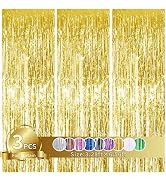 TONIFUL 3Pcs Gold Door Streamers,Gold Photo Booth Backdrop Metallic Streamers Gold Foil Fringe Cu...