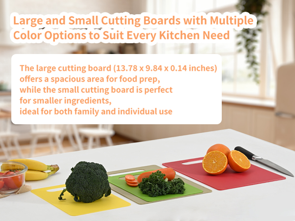 Plastic cutting board with handle hole for easy lifting, shown in a kitchen with fresh vegetables