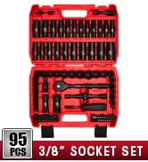 LLNDEI 3/8”Drive Impact Socket Set,Standard SAE(5/16 to 3/4-Inch) Metric Size(8-22mm), 95 Piece, ...