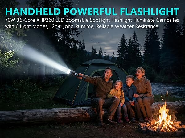 Powerful Camping Flashlight Lighting up Campsites &amp; Tents for Safe Nighttime Adventures.