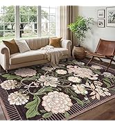 GarveeHome Plum Floral Botanical Washable Rugs 5x7 Area Rug for Living Room, Soft Black Dark Purp...