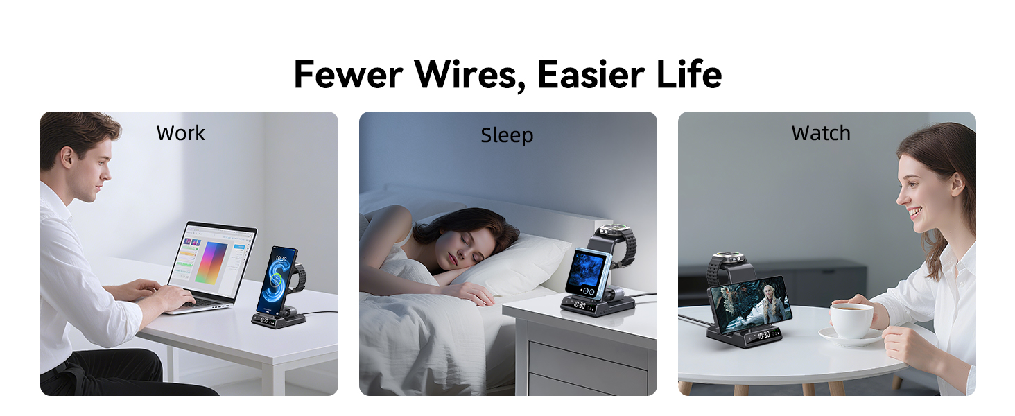 Text reads: 'Fewer Wires, Easier Life'. Three panel image showing wireless charging stand with labels 'Work', 'Sleep', and 'Watch', demonstrating different usage scenarios.