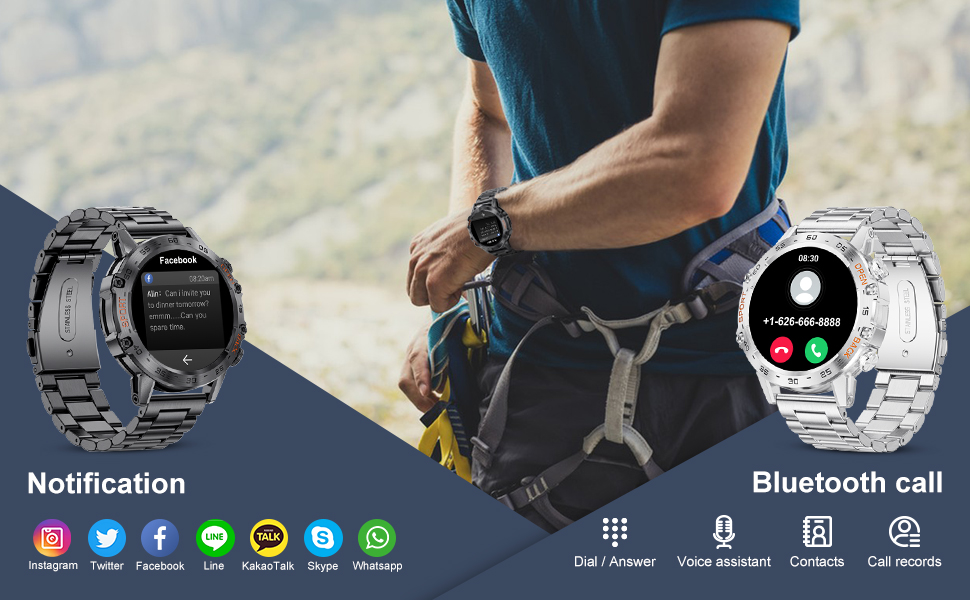 Two smartwatches with metal bands displaying notification icons and Bluetooth call feature. Person's arm visible wearing climbing harness.