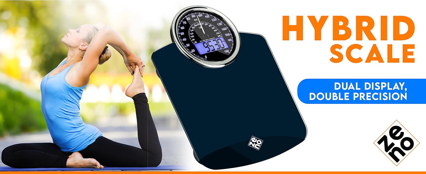 Text reads 'HYBRID SCALE'. Product demonstration images showing what appears to be a digital scale or measurement device with blue lighting.