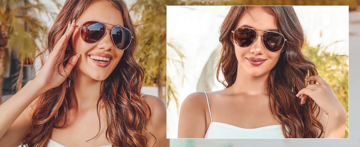 A stylish and elegant lady wearing copper-framed brown mirror glasses