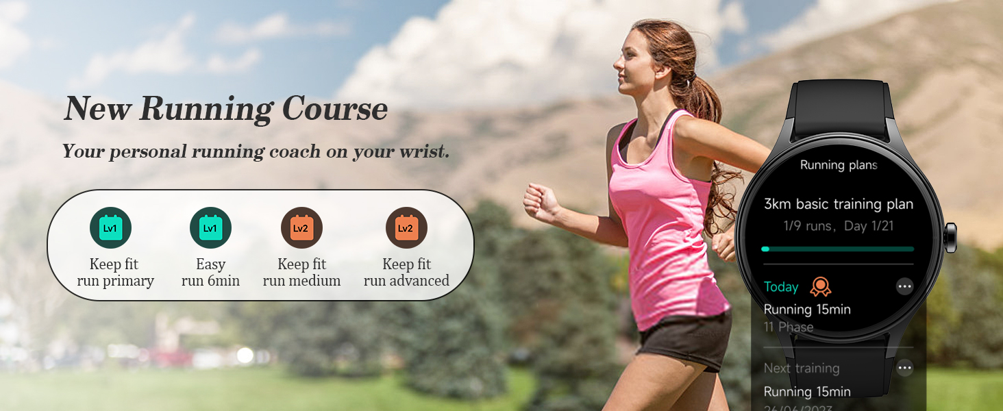 Text reads 'New Running Course'. Digital fitness interface showing running metrics on smartwatch display alongside runner in outdoor setting.